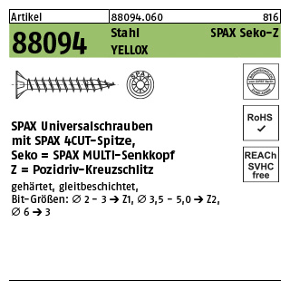 1000 Stück, Artikel 88094 Stahl SPAX Seko-Z Oberfläche YELLOX SPAX Universalschrauben mit Spitze, SPAX MULTI-Senkkopf, Pozidriv-KS - Abmessung: 2 x 16/15-Z