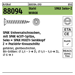 1000 Stück, Artikel 88094 Stahl SPAX Seko-Z Oberfläche WIROX SPAX Universalschrauben mit Spitze, SPAX MULTI-Senkkopf, Pozidriv-KS - Abmessung: 2,5 x 10/ 8-Z