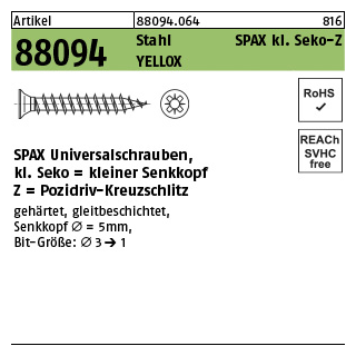 1000 Stück, Artikel 88094 St. SPAX kl. Seko-Z Oberfläche YELLOX SPAX Universalschrauben, kleiner Senkkopf, Pozidriv-KS - Abmessung: 3 x 10/ 7-Z