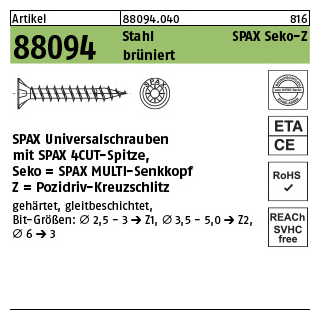 1000 Stück, Artikel 88094 Stahl SPAX Seko-Z brüniert SPAX Universalschrauben mit Spitze, SPAX MULTI-Senkkopf, Pozidriv-KS - Abmessung: 3 x 25/21-Z