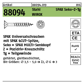 1000 Stück, Artikel 88094 Stahl SPAX Seko-Z-Tg Oberfläche WIROX SPAX Universalschrauben mit Spitze, SPAX MULTI-Senkkopf, Pozidriv-KS, Tg - Abmessung: 3,5 x 30/17-Z