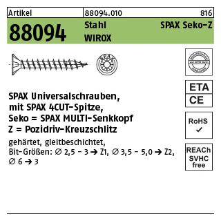 200 Stück, Artikel 88094 Stahl SPAX Seko-Z Oberfläche WIROX SPAX Universalschrauben mit Spitze, SPAX MULTI-Senkkopf, Pozidriv-KS - Abmessung: 3,5 x 45/40-Z