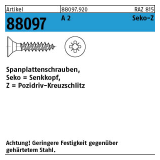 200 Stück, Artikel 88097 A 2 Seko-Z Spanplattenschrauben, Senkkopf, Pozidriv-Kreuzschlitz - Abmessung: 3,5 x 50 -Z