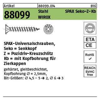 1000 Stück, Artikel 88099 St. SPAX Seko-Z-Kb Oberfläche WIROX SPAX-Universalschraube, Senkkopf, Pozidriv-Kreuzschlitz, mit Kopfbohrung - Abmessung: 4,5 x 25/14-Z