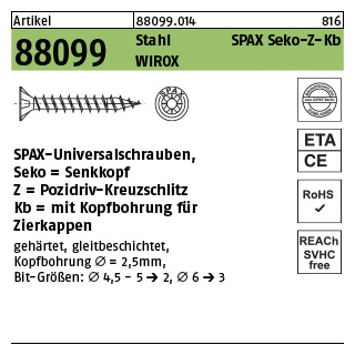 200 Stück, Artikel 88099 St. SPAX Seko-Z-Kb Oberfläche WIROX SPAX-Universalschraube, Senkkopf, Pozidriv-Kreuzschlitz, mit Kopfbohrung - Abmessung: 5 x 70/60-Z