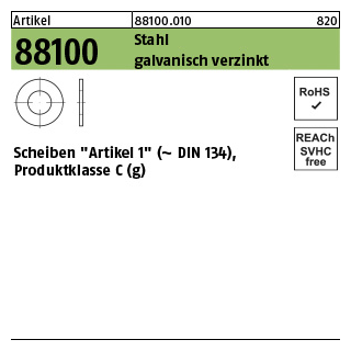 200 Stück, Artikel 88100 Stahl galvanisch verzinkt Scheiben Artikel 1 (ähnl. DIN 134) Produktklasse C (g) - Abmessung: 6,5x 13 x1,25