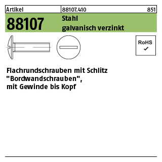 500 Stück, Artikel 88107 Stahl galvanisch verzinkt Flachrundschrauben mit Schlitz, Bordwandschr., mit Gewinde bis Kopf - Abmessung: M 6 x 16