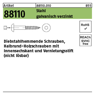 50 Stück, Artikel 88110 Stahl galvanisch verzinkt Diebstahlhemmende Schrauben, Halbrund- Holzschrauben mit vernietungsstift - Abmessung: M 8 x 50