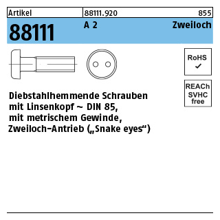 100 Stück, Artikel 88111 A 2 Zweiloch Diebstahlhemmende Schrauben, Linsenkopf DIN 85, Zweiloch-Antrieb - Abmessung: M 3 x 10