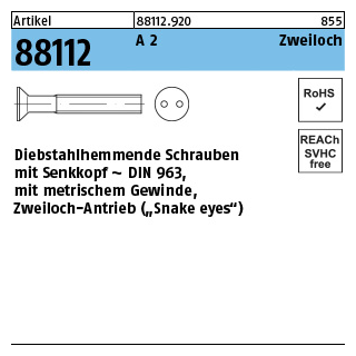 100 Stück, Artikel 88112 A 2 Zweiloch Diebstahlhemmende Schrauben mit Senkkopf ~ DIN 963, Zweiloch-Antrieb - Abmessung: M 3 x 6