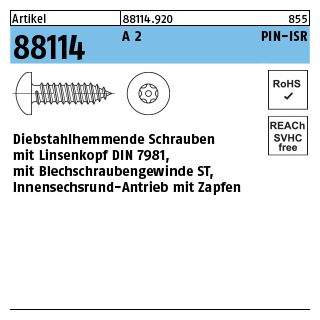 100 Stück, Artikel 88114 A 2 PIN-ISR Diebstahlhemmende Schrauben, Linsenkopf DIN 7981, Blechschr.-gew., ISR u. Zapfen - Abmessung: C 3,5 x 19