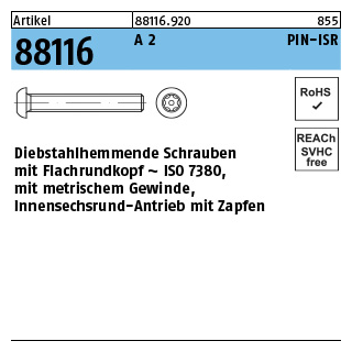 100 Stück, Artikel 88116 A 2 PIN-ISR Diebstahlhemmende Schrauben m. Flachkopf ~ ISO 7380, mit ISR und Zapfen - Abmessung: M 3 x 16-T10