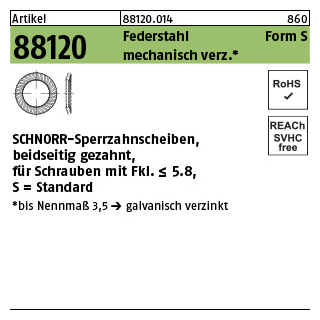 250 Stück, Artikel 88120 Federstahl Form S mechanisch verz. SCHNORR-Sperrzahnscheiben, beidseitig gezahnt, für Schrauben mit Fkl. <= 5.8 - Abmessung: S 4 x 7 x0,5