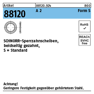 200 Stück, Artikel 88120 A 2 Form S SCHNORR-Sperrzahnscheiben, beidseitig gezahnt - Abmessung: S 4 x7 x0,5