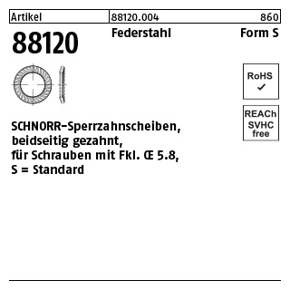 500 Stück, Artikel 88120 Federstahl Form S SCHNORR-Sperrzahnscheiben, beidseitig gezahnt, für Schrauben mit Fkl. <= 5.8 - Abmessung: S12 x18 x1,1