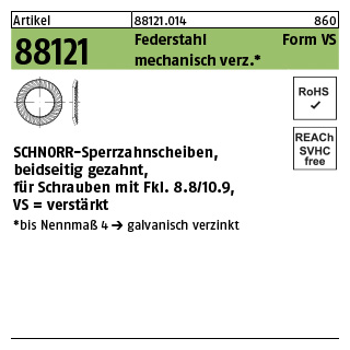 250 Stück, Artikel 88121 Federstahl Form VS mechanisch verz. SCHNORR-Sperrzahnscheiben, beidseitig gezahnt, für Schrauben mit Fkl. 8.8/10.9 - Abmessung: VS 10 x16 x1,5