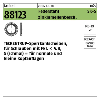 250 Stück, Artikel 88123 Federstahl Form S zinklamellenbesch. TECKENTRUP-Sperrkantscheiben für Fkl. bis 5.8, für normale/kl. Kopfaufl. - Abmessung: S 5x10,2 x1