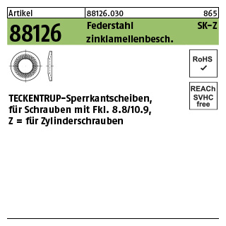 250 Stück, Artikel 88126 Federstahl Form Z zinklamellenbesch. TECKENTRUP-Sperrkantscheiben für Zyl.-Schrauben mit Fkl. 8.8/10.9 - Abmessung: Z 6x 9,9x1,4