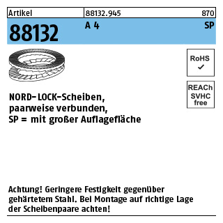 200 Stück, Artikel 88132 A 4 SP NORD-LOCK-Scheiben, paarweise verbunden, mit großer Auflagefläche - Abmessung: NL 6 SP SS