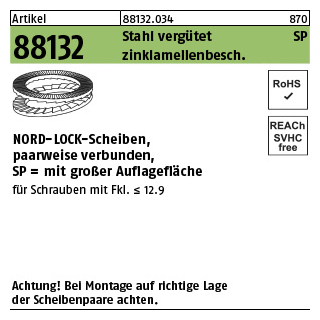 200 Stück, Artikel 88132 Stahl vergütet SP zinklamellenbesch. NORD-LOCK-Scheiben, paarweise verbunden, mit großer Auflagefläche - Abmessung: NL 8 SP