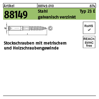 100 Stück, Artikel 88149 Stahl Typ 23 E galvanisch verzinkt Stockschrauben mit metrischem und Holzschraubengewinde - Abmessung: M 5 x 40