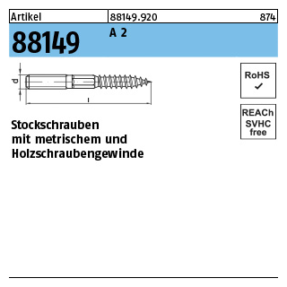 100 Stück, Artikel 88149 A 2 Typ 23 E Stockschrauben mit metrischem und Holzschraubengewinde - Abmessung: M 6 x 100