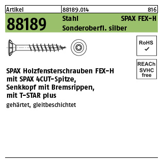 1000 Stück, Artikel 88189 Stahl SPAX FEX-H Sonderoberfl. silber SPAX Holzfensterschrauben FEX-H mit Senkkopf, Bremsrippen, T-STAR - Abmessung: 4 x 35 -T15