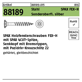 1000 Stück, Artikel 88189 Stahl SPAX FEX-H Sonderoberfl. silber SPAX Holzfensterschrauben FEX-H mit Senkkopf, Bremsrippen, Pozidriv-KS - Abmessung: 4 x 35 -Z