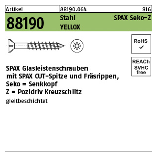 200 Stück, Artikel 88190 Stahl SPAX Seko-Z YELLOX SPAX Glasleistenschrauben mit Spitze und Fäsrippen, Senkkopf, Pozidriv-KS - Abmessung: 3,5 x 40/23-Z2