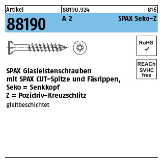 200 Stück, Artikel 88190 A 2 SPAX Seko-Z SPAX Glasleistenschrauben, mit Spitze und Fäsrippen, Senkkopf, Pozidriv-KS - Abmessung: 3,5 x 40/23-Z2