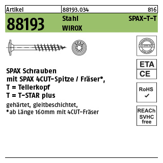 100 Stück, Artikel 88193 Stahl SPAX-T-T Oberfläche WIROX SPAX Schrauben mit Spitze/Fräser Tellerkopf - Abmessung: 6 x 140/68 -T30