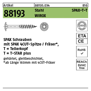 50 Stück, Artikel 88193 Stahl SPAX-T-T Oberfläche WIROX SPAX Schrauben mit Spitze/Fräser Tellerkopf - Abmessung: 8 x 100/80 -T40