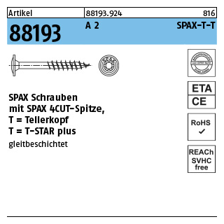 50 Stück, Artikel 88193 A 2 SPAX-T-T SPAX Schrauben, mit Spitze, Tellerkopf - Abmessung: 8 x 100/80-T40