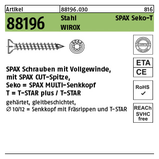 50 Stück, Artikel 88196 Stahl SPAX Seko-T Oberfläche WIROX SPAX Schrauben mit Vollgew., mit Spitze SPAX MULTI-Senkkopf - Abmessung: 8 x 180 -T40