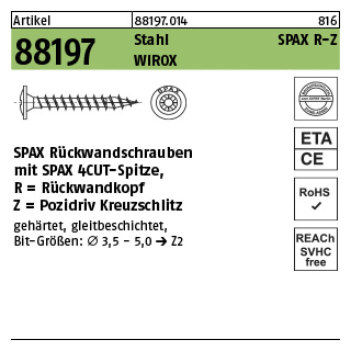 2000 Stück, Artikel 88197 Stahl SPAX R-Z Oberfläche WIROX SPAX Rückwandschrauben mit Spitze Rückwandkopf, Pozidriv-Kreuzschlitz - Abmessung: 4 x 17/14-Z