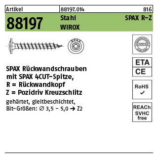 1000 Stück, Artikel 88197 Stahl SPAX R-Z Oberfläche WIROX SPAX Rückwandschrauben mit Spitze Rückwandkopf, Pozidriv-Kreuzschlitz - Abmessung: 5 x 35/31-Z