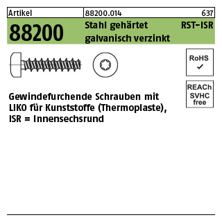 1000 Stück, Artikel 88200 Stahl geh. RST-ISR galvanisch verzinkt Gewindefurchende Schrauben f. Kunststoff LIKO, ISR - Abmessung: 2,2 x 6 -T6