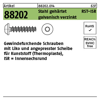 1000 Stück, Artikel 88202 Stahl, geh. RST-ISR galvanisch verzinkt Gewindefurchende Schrauben f. Kunststoff LIKO, angepresste Scheibe, ISR - Abmessung: 2,2 x 6 -T6