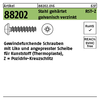 1000 Stück, Artikel 88202 Stahl geh. RST-Z galvanisch verzinkt Gewindefurchende Schrauben f. Kunststoff LIKO, angepresste Scheibe, Pozidriv-KS - Abmessung: 2,2 x 6 -Z