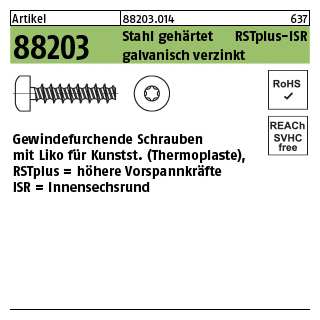 1000 Stück, Artikel 88203 Stahl geh. RSTplus galvanisch verzinkt Gewindefurchende Schrauben f. Kunststoff LIKO, ISR - Abmessung: 2,2 x 8 -T6