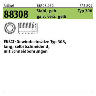 100 Stück, Artikel 88308 Stahl, geh. Typ 308 galv. verz. gelb ENSAT-Gewindeeinsätze Typ 308, lang, selbstschneidend, mit Schneidbohrungen - Abmessung: M 4 x 8