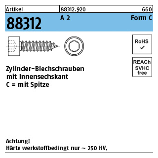 1000 Stück, Artikel 88312 A 2 Form C Zylinder-Blechschrauben mit Innensechskant mit Spitze - Abmessung: C 4,8 x 16