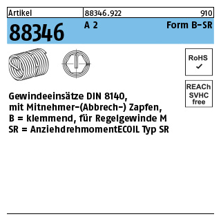 25 Stück, Artikel 88346 A 2 Form B-SR Gewindeeinsätze DIN 8140, mit Mitnehmer- (Abbrech-) ZapfenB = klemmend, für Rege - Abmessung: BM 4 x 6