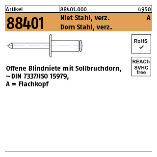 500 Stück, Artikel 88401 Niet Stahl verz. A Dorn Stahl verz. Offene Blindniete mit Sollbruchdorn, ~DIN 7337/ISO 15979, Flachkopf - Abmessung: 3 x 6