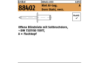 1000 Stück, Artikel 88402 Niet Al-Leg. A Dorn Stahl, verz. Offene Blindniete mit Sollbruchdorn, ~DIN 7337/ISO 15977, Flachkopf - Abmessung: 2,4 x 4