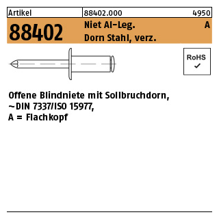 1000 Stück, Artikel 88402 Niet Al-Leg. A Dorn Stahl, verz. Offene Blindniete mit Sollbruchdorn, ~DIN 7337/ISO 15977, Flachkopf - Abmessung: 2,4 x 8