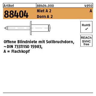 500 Stück, Artikel 88404 Niet A 2 A Dorn A 2 Offene Blindniete mit Sollbruchdorn, ~DIN 7337/ISO 15983, Flachkopf - Abmessung: 3 x 10