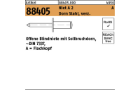 500 Stück, Artikel 88405 Niet A 2 A Dorn Stahl, verz. Offene Blindniete mit Sollbruchdorn, ~DIN 7337, A = Flachkopf - Abmessung: 3 x 6