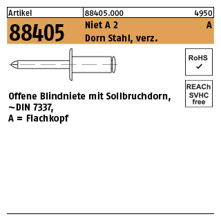 500 Stück, Artikel 88405 Niet A 2 A Dorn Stahl, verz. Offene Blindniete mit Sollbruchdorn, ~DIN 7337, A = Flachkopf - Abmessung: 3 x 8