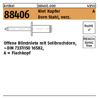 500 Stück, Artikel 88406 Niet Kupfer A Dorn Stahl, verz. Offene Blindniete mit Sollbruchdorn, ~DIN 7337/ISO 16582, Flachkopf - Abmessung: 3 x 8